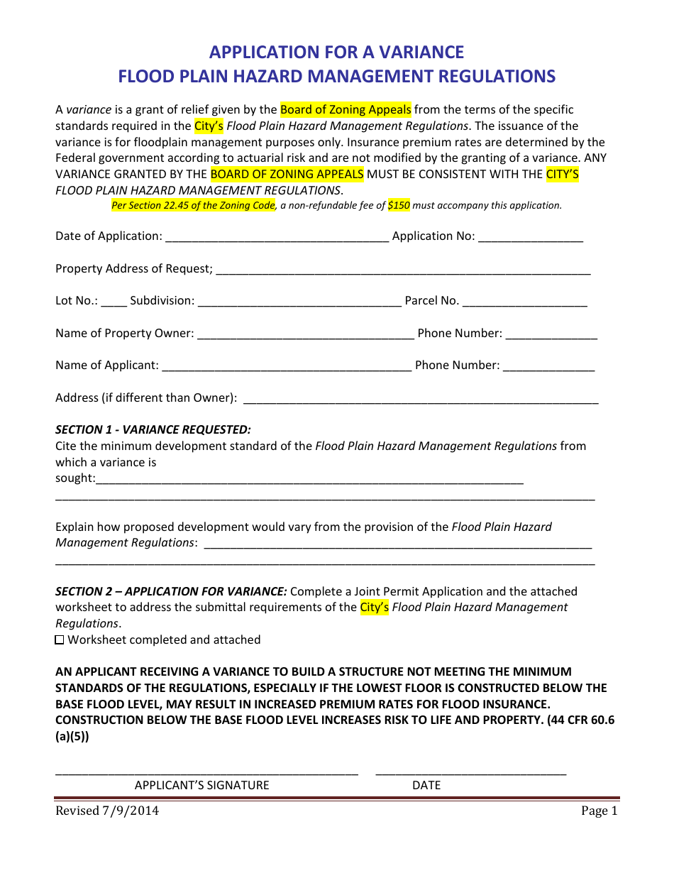 Application for a Variance Flood Plain Hazard Management Regulations - Montana, Page 1