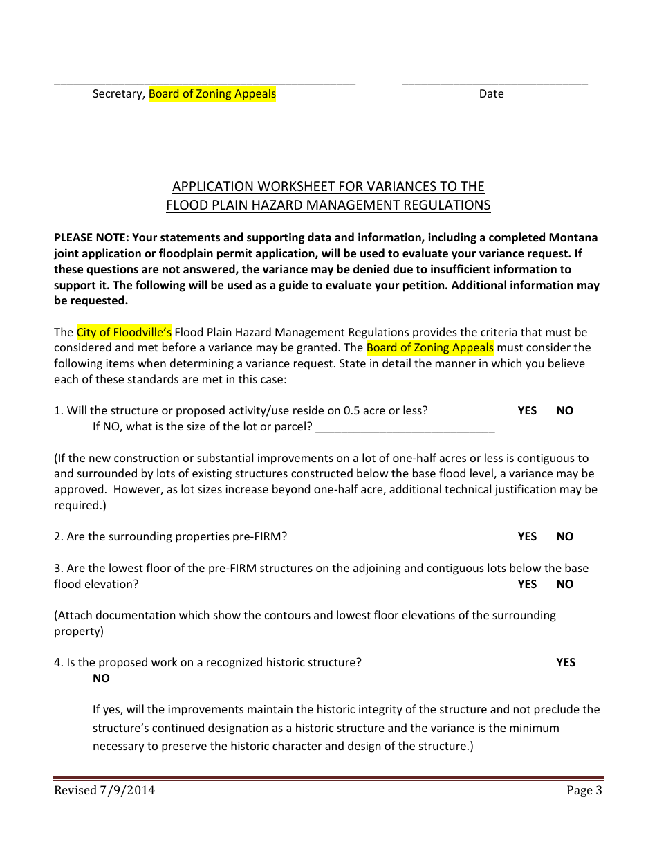 Application for a Variance Flood Plain Hazard Management Regulations - Montana, Page 3