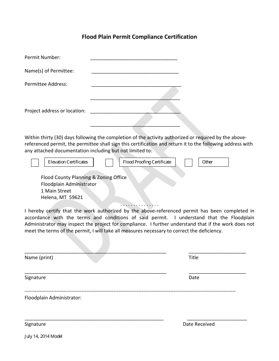 Montana Flood Plain Permit Compliance Certification Draft Fill Out