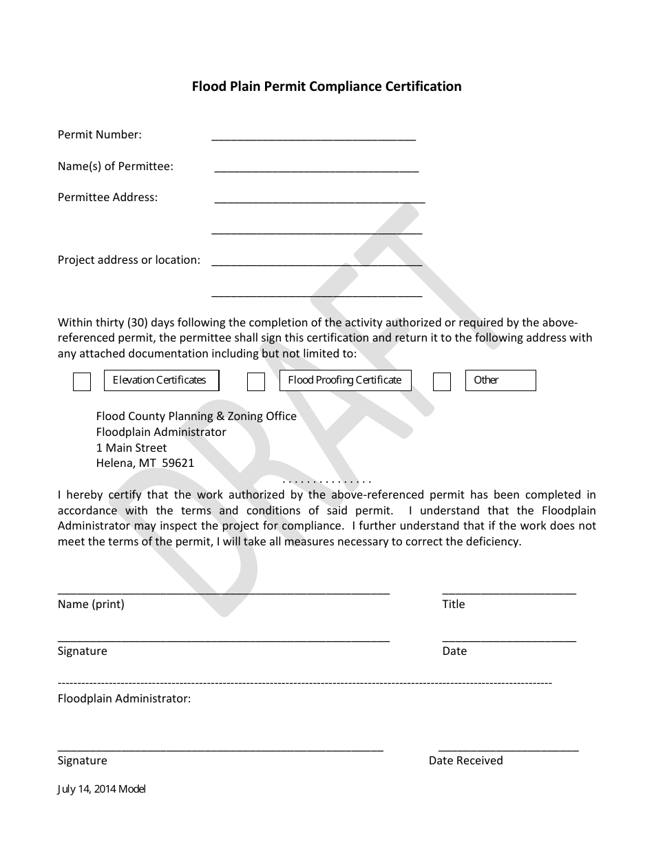 Flood Plain Permit Compliance Certification - Draft - Montana, Page 1