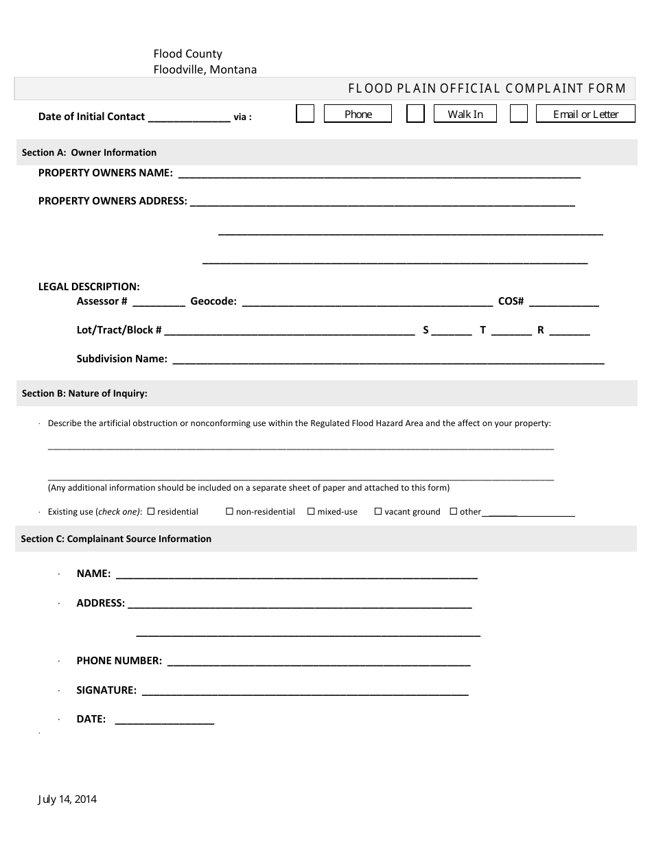 Flood Plain Official Complaint Form - Montana, Page 1