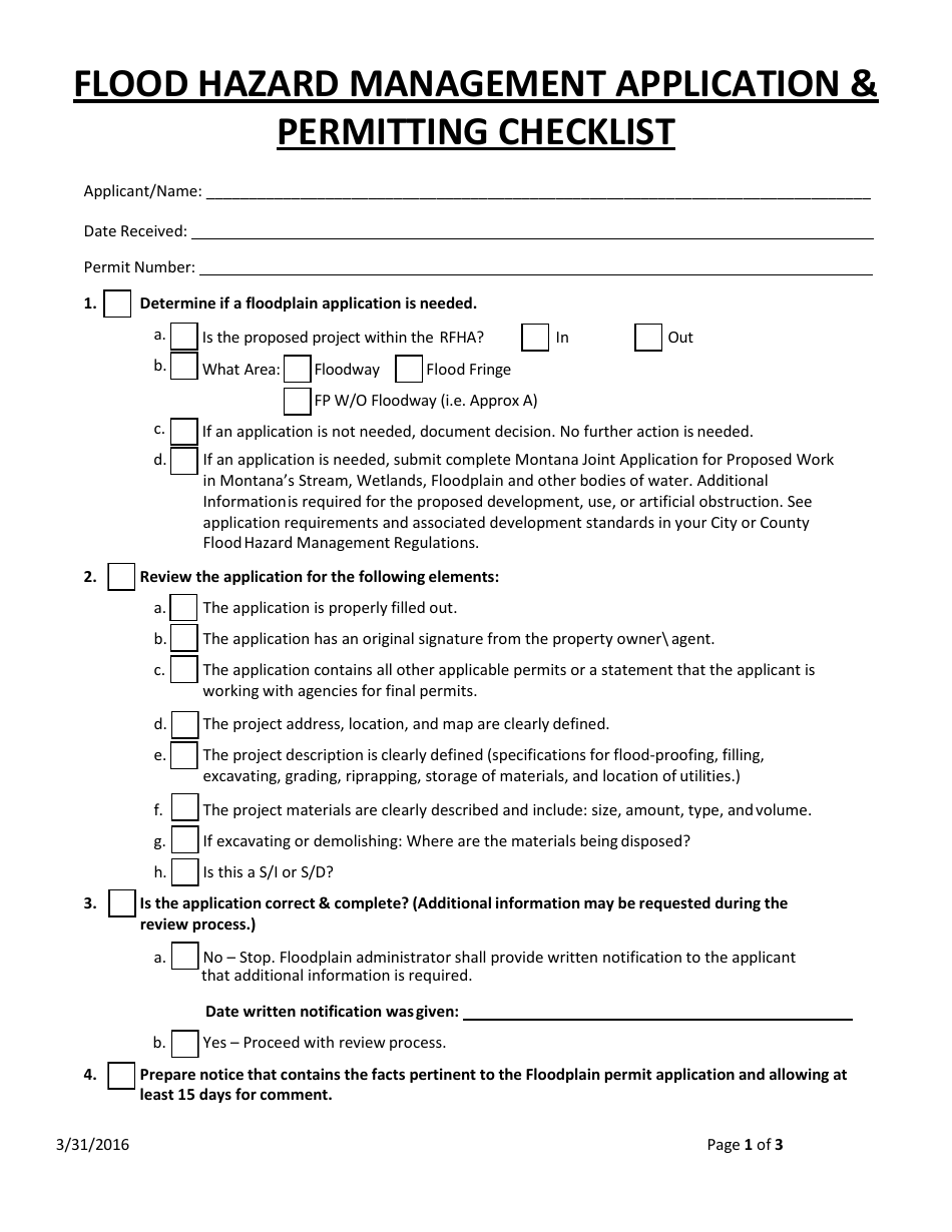 Flood Hazard Management Application  Permitting Checklist - Montana, Page 1