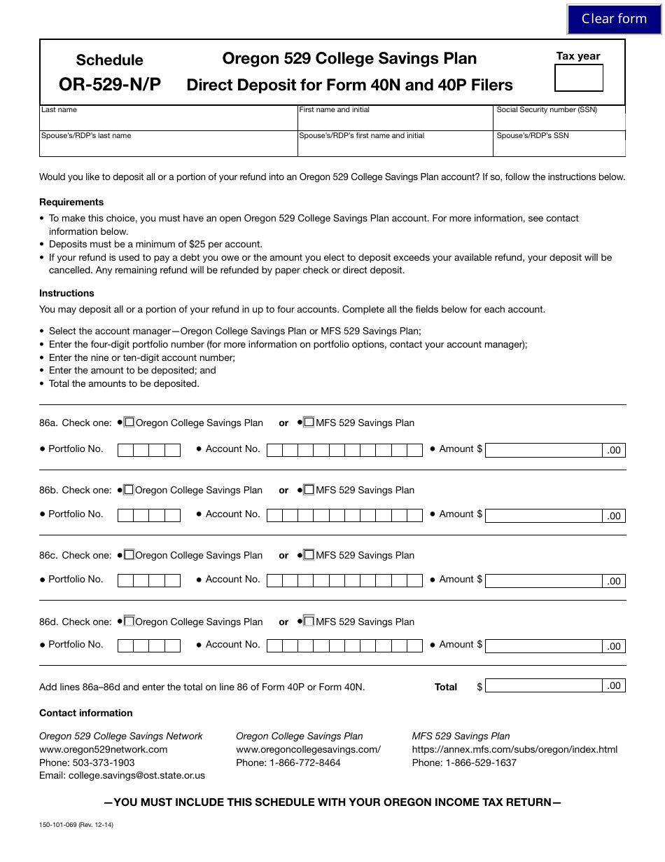 Form 150-101-069 Schedule OR-529-N / P Oregon 529 College Savings Plan Direct Deposit for Form 40n and 40p Filers - Oregon, Page 1