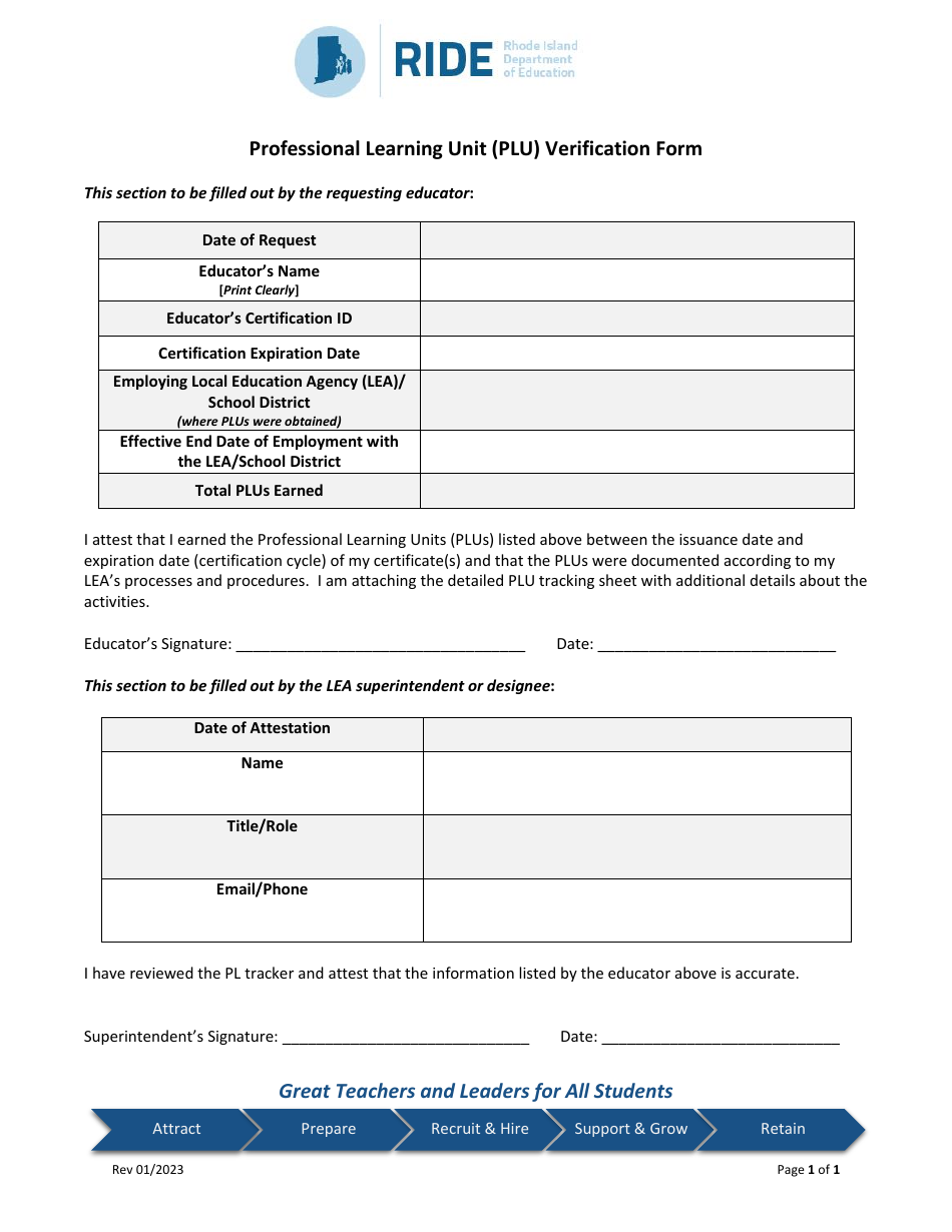 Rhode Island Professional Learning Unit (Plu) Verification Form Download Printable PDF