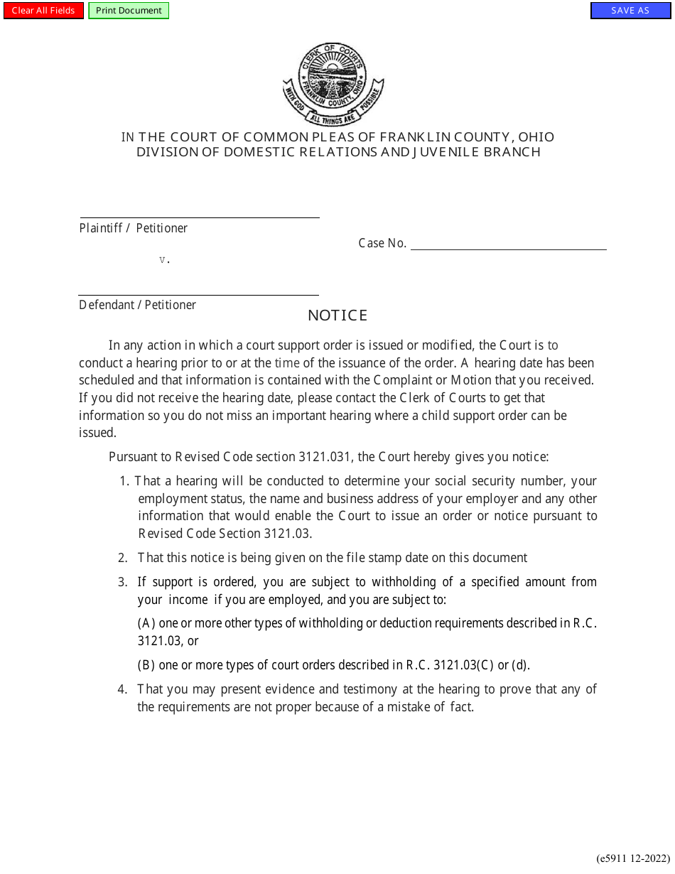 Form E5911 Notice - Franklin County, Ohio, Page 1