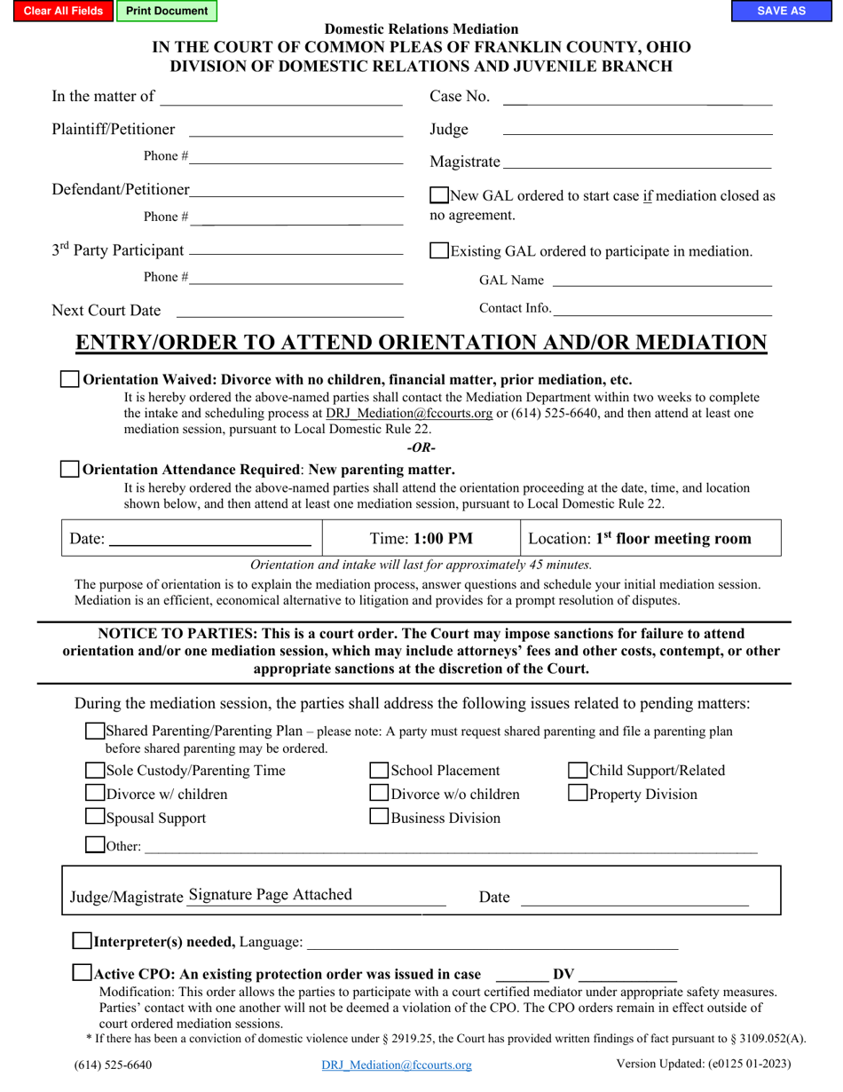 Form E0125 Entry / Order to Attend Orientation and / or Mediation - Domestic Relations Mediation - Franklin County, Ohio, Page 1