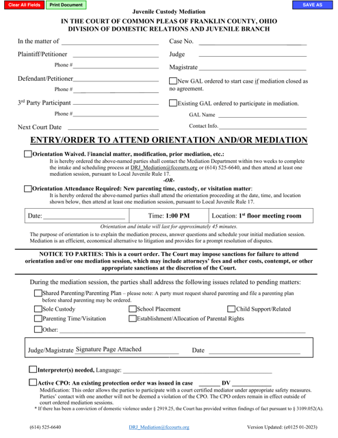 Form E0125 Entry/Order to Attend Orientation and/or Mediation - Juvenile Custody Mediation - Franklin County, Ohio