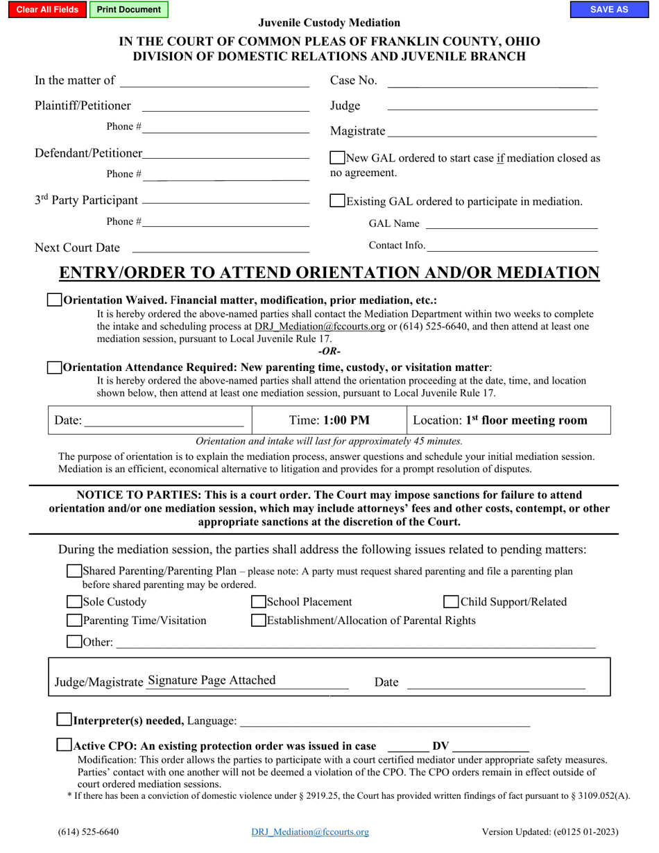 Form E0125 Entry / Order to Attend Orientation and / or Mediation - Juvenile Custody Mediation - Franklin County, Ohio, Page 1