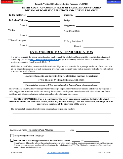 Form E0125 Entry/Order to Attend Mediation - Juvenile Victim-Offender Mediation Program (Jvomp) - Franklin County, Ohio