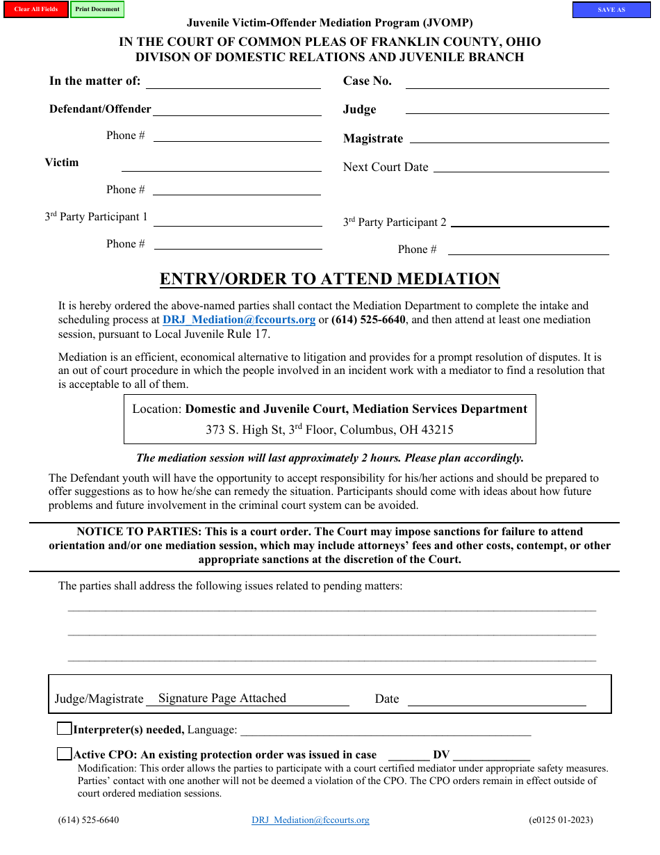Form E0125 Entry / Order to Attend Mediation - Juvenile Victim-Offender Mediation Program (Jvomp) - Franklin County, Ohio, Page 1