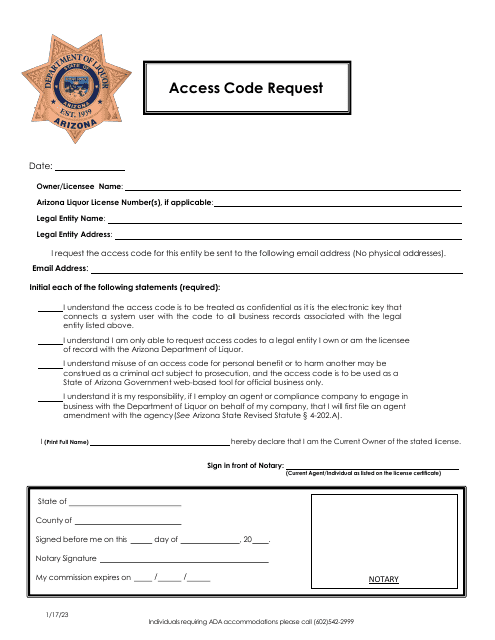 Access Code Request - Arizona Download Pdf