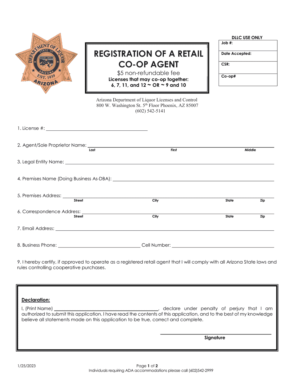 Arizona Registration of a Retail Coop Agent Fill Out, Sign Online