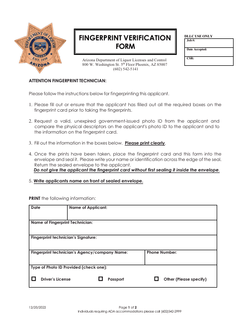 Fingerprint Verification Form - Arizona Download Pdf