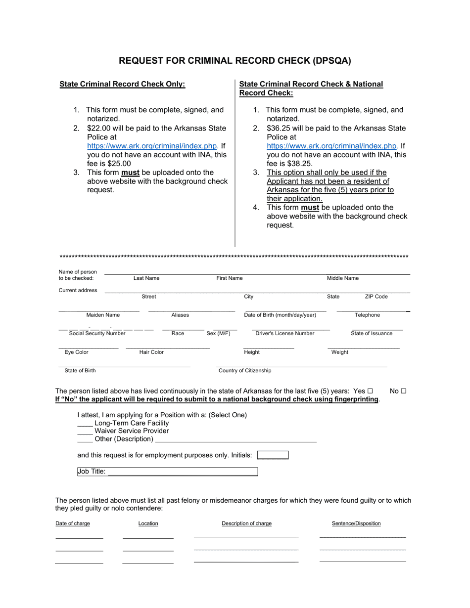Request for Criminal Record Check (Dpsqa) - Arkansas, Page 1