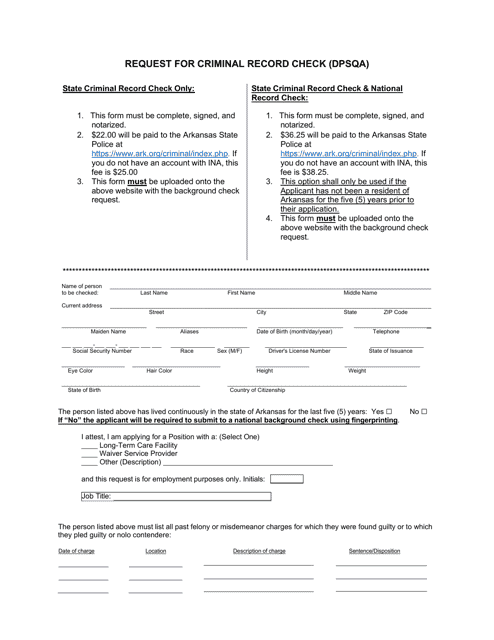 Request for Criminal Record Check (Dpsqa) - Arkansas Download Pdf