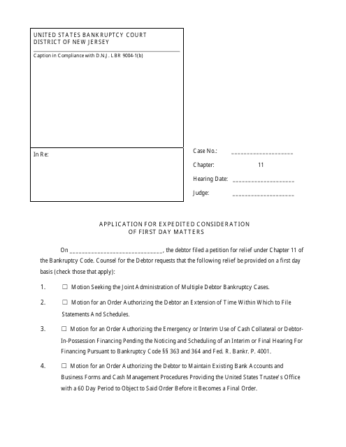 Application for Expedited Consideration of First Day Matters - New Jersey Download Pdf