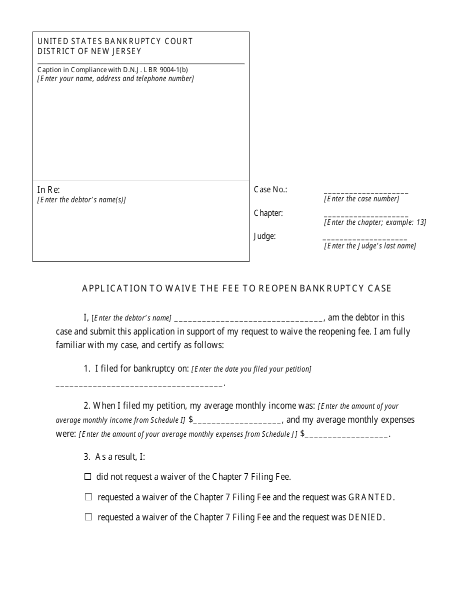 Application to Waive the Fee to Reopen Bankruptcy Case - New Jersey, Page 3