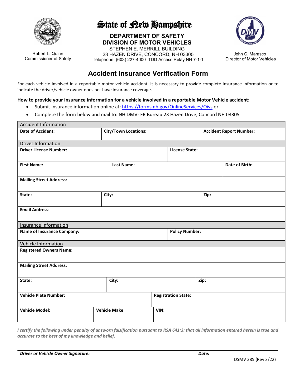 Form DSMV385 Accident Insurance Verification Form - Blue Card - New Hampshire, Page 1