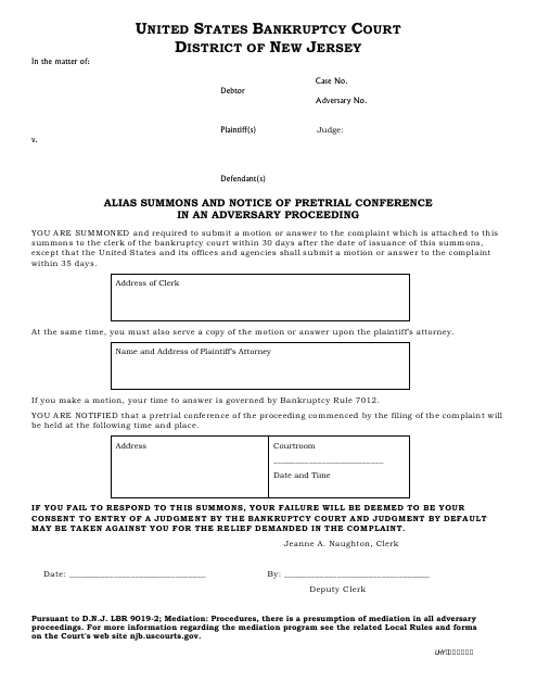 Alias Summons and Notice of Pretrial Conference in an Adversary Proceeding - New Jersey
