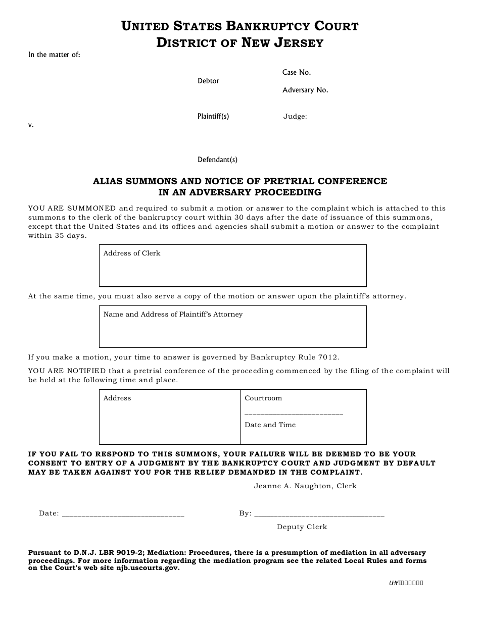 Alias Summons and Notice of Pretrial Conference in an Adversary Proceeding - New Jersey, Page 1