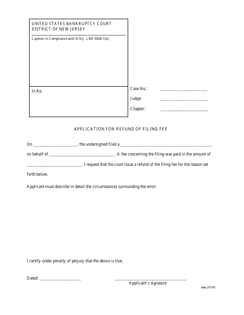 Application for Refund of Filing Fee - New Jersey Download Pdf