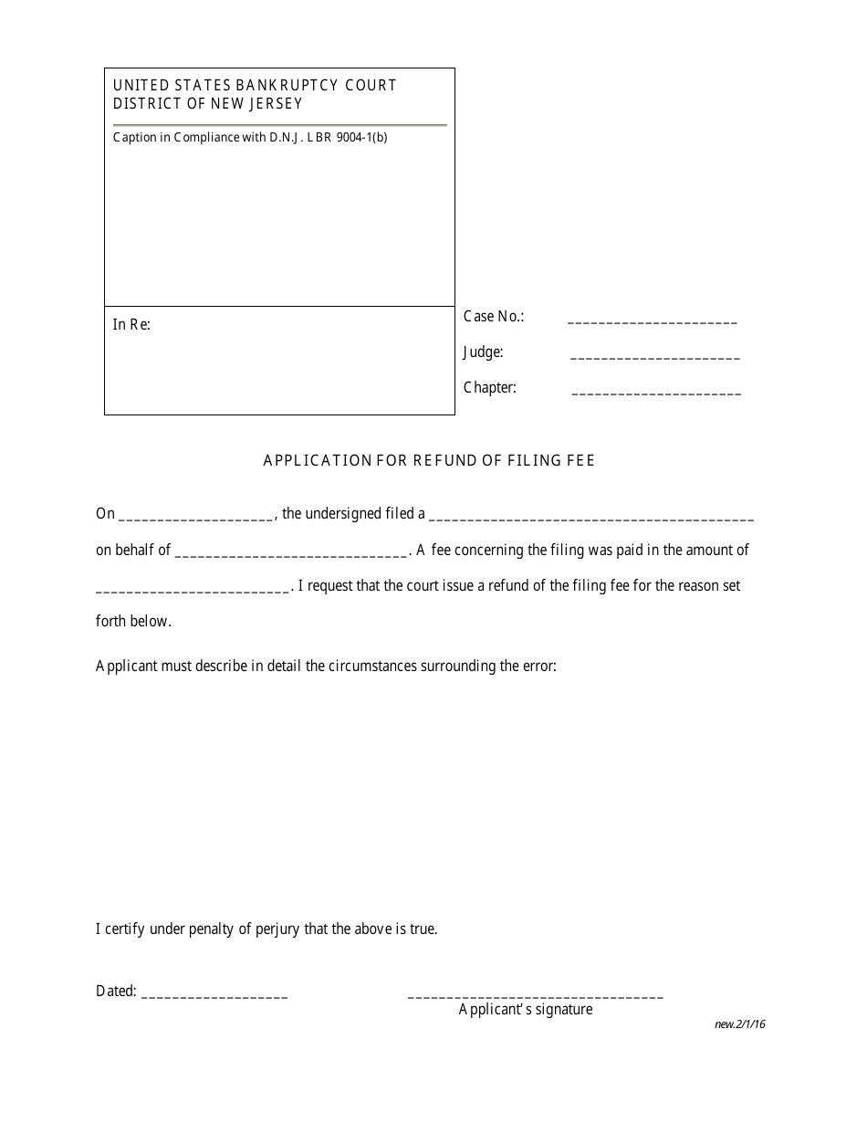 New Jersey Application for Refund of Filing Fee Fill Out, Sign Online