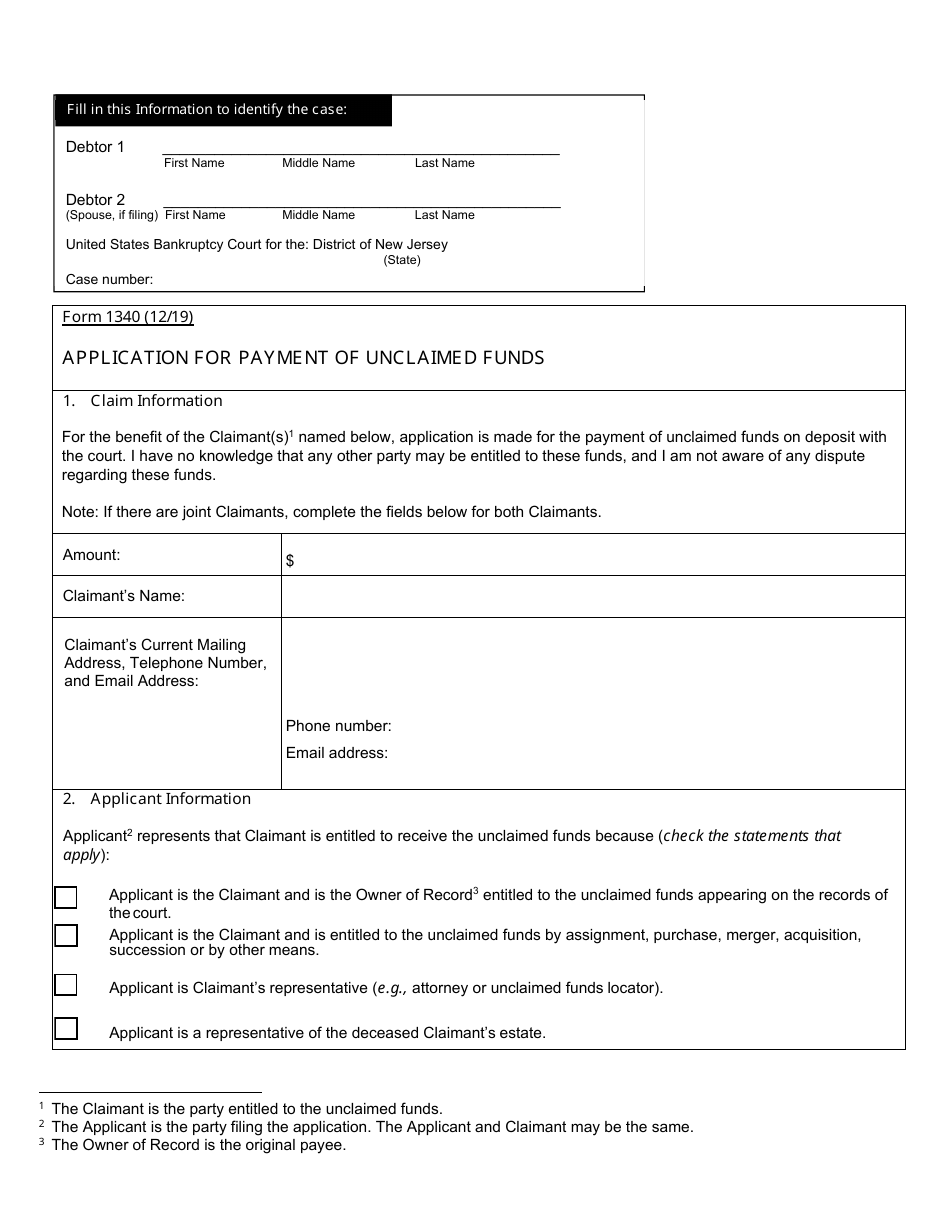 Form 1340 Application for Payment of Unclaimed Funds - New Jersey, Page 1
