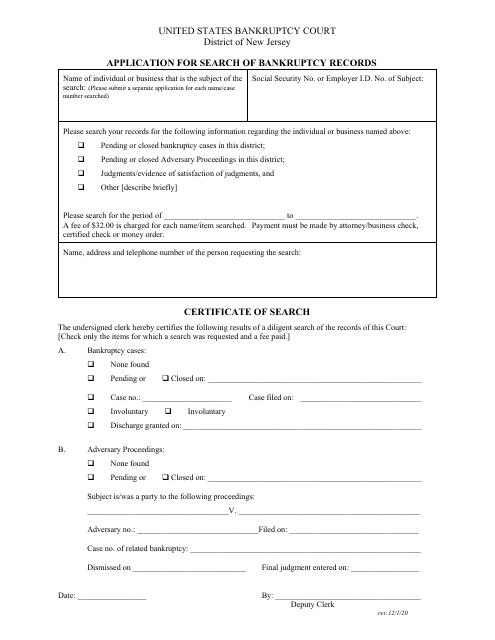 Application for Search of Bankruptcy Records - New Jersey Download Pdf