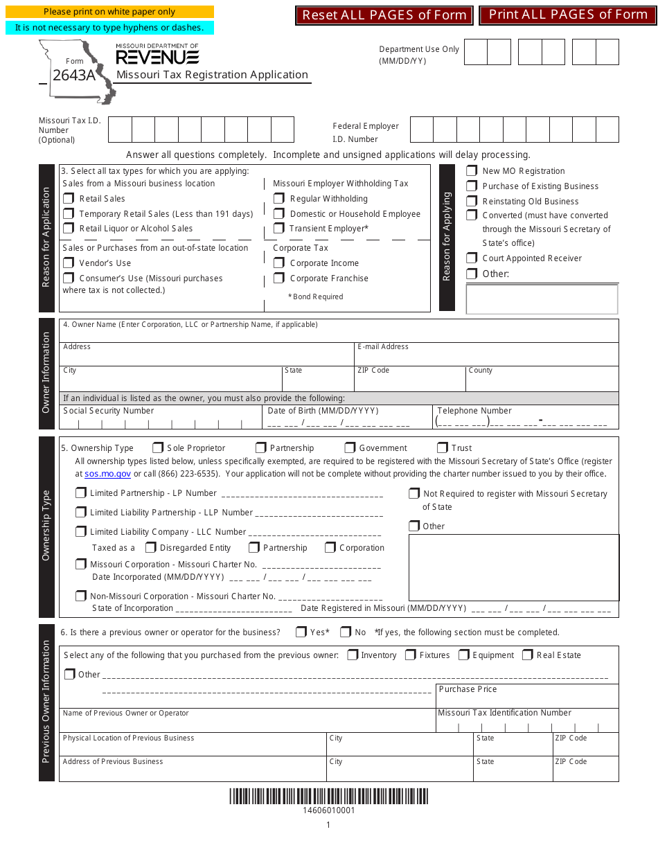 Form 2643A Missouri Tax Registration Application - Missouri, Page 1
