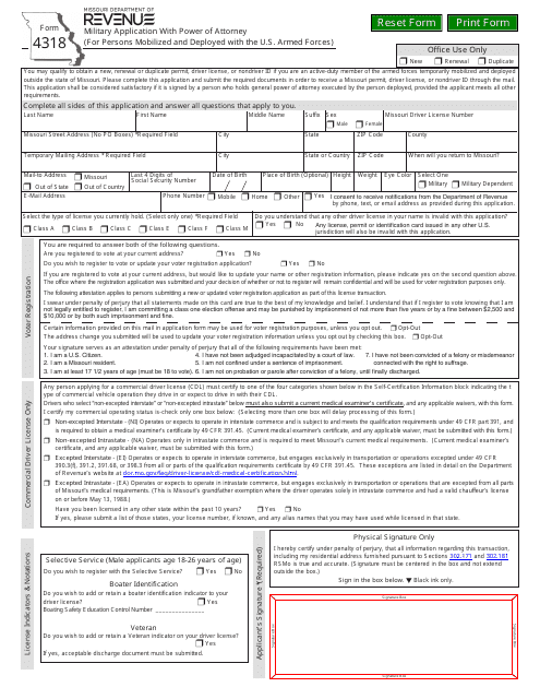 Form 4318 Military Application With Power of Attorney (For Persons Mobilized and Deployed With the U.S. Armed Forces) - Missouri