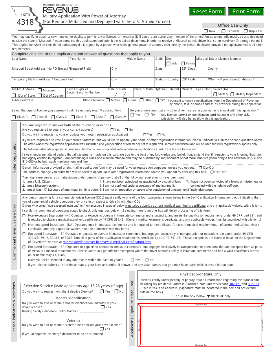 Form 4318 Military Application With Power of Attorney (For Persons Mobilized and Deployed With the U.S. Armed Forces) - Missouri, Page 1