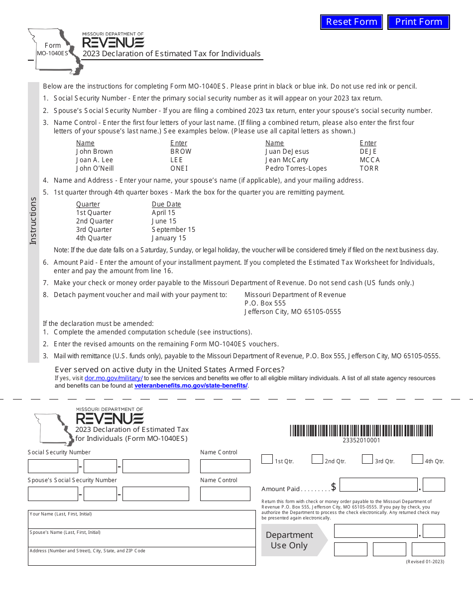 Form MO1040ES Download Fillable PDF or Fill Online Declaration of