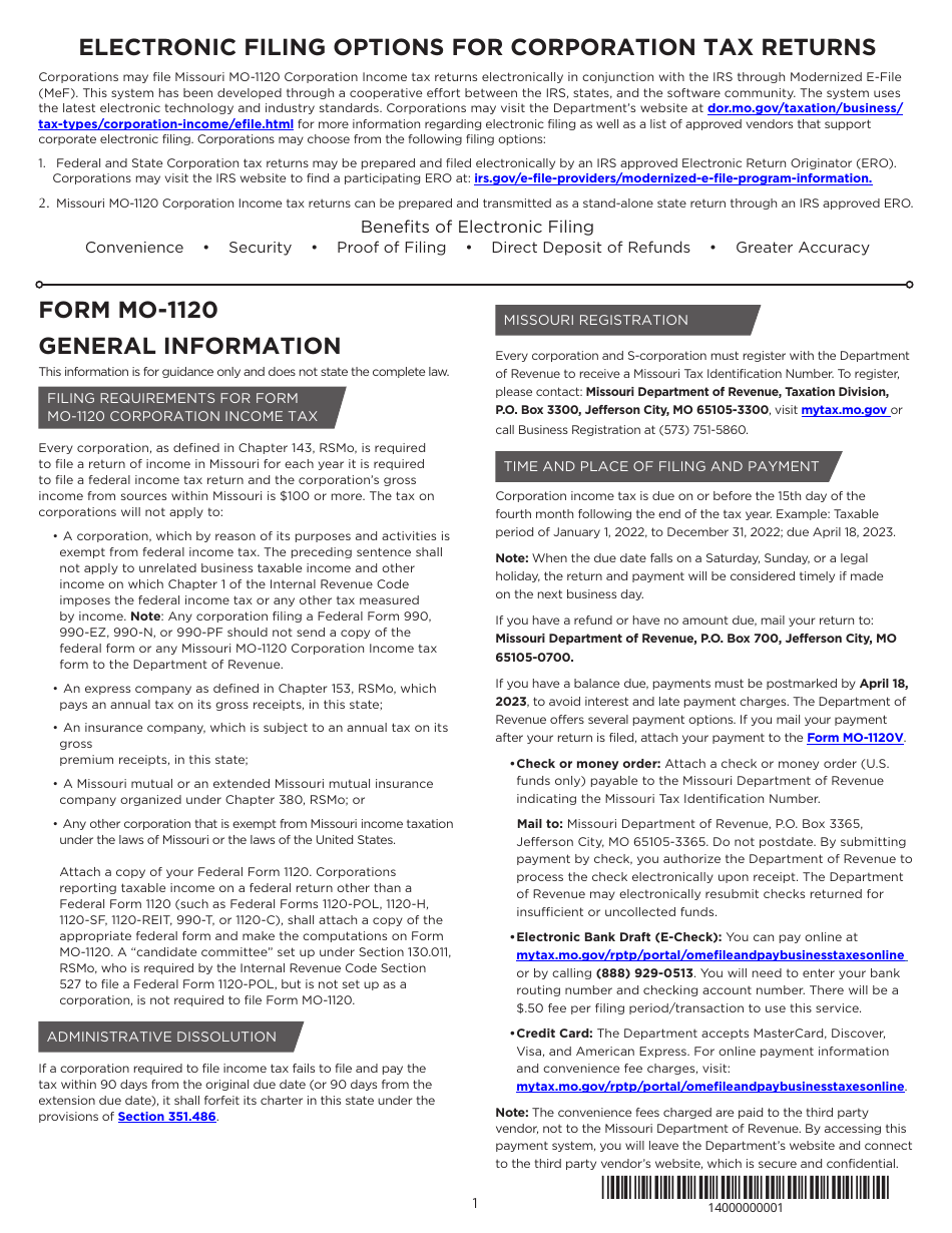 Instructions for Form MO-1120 Corporation Income Tax Return - Missouri, Page 1
