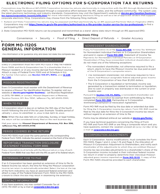 Download Instructions for Form MO 1120S S Corporation Income Tax Return