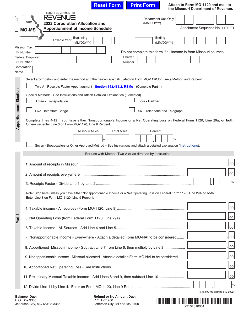 Form MO-MS Corporation Allocation and Apportionment of Income Schedule - Missouri, Page 1