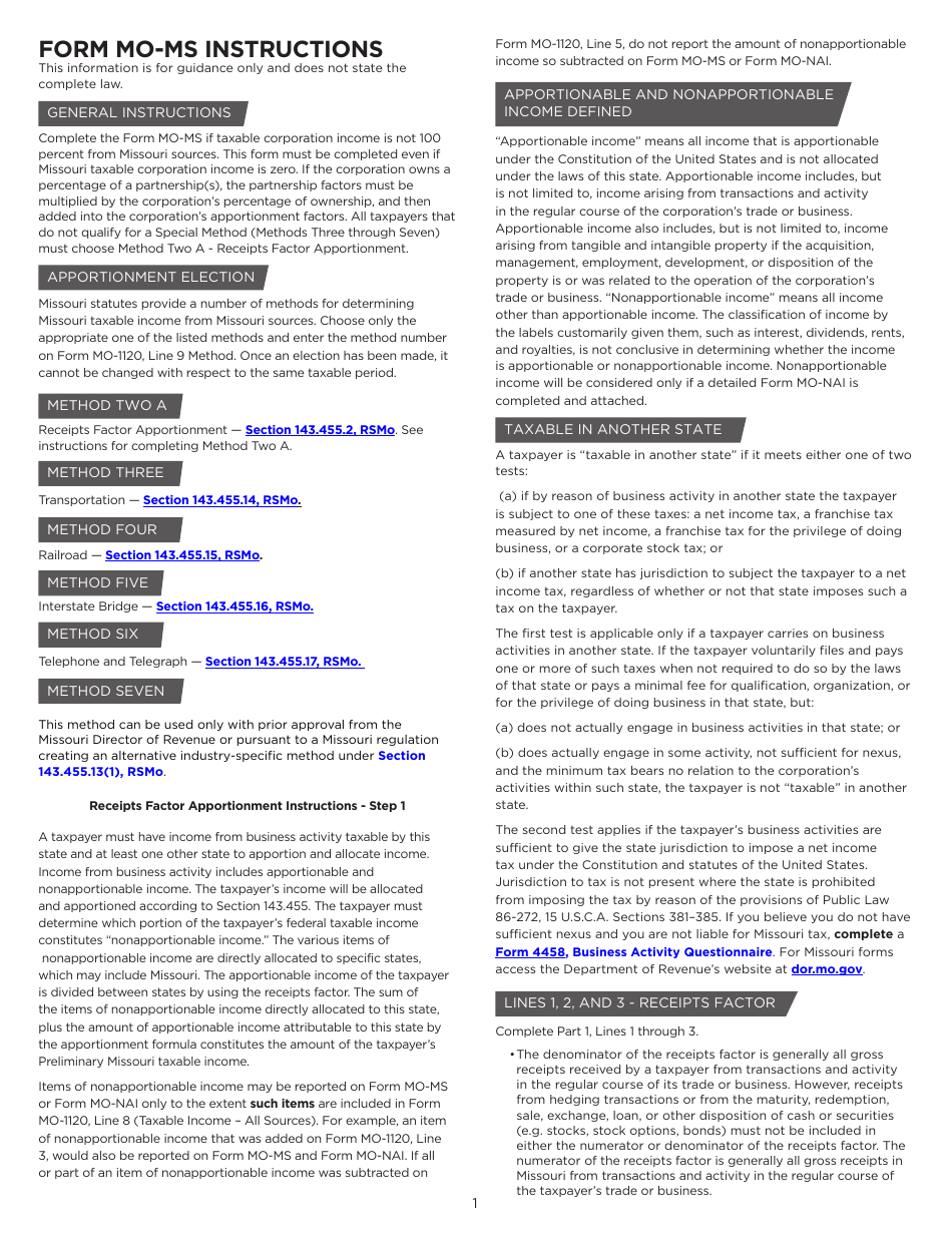Form MO-MS Corporation Allocation and Apportionment of Income Schedule - Missouri, Page 2