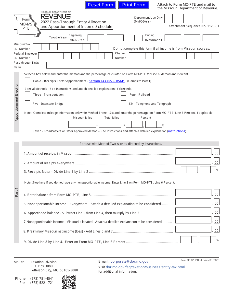 Form MO-MS PTE Pass-Through Entity Allocation and Apportionment of Income Schedule - Missouri, Page 1