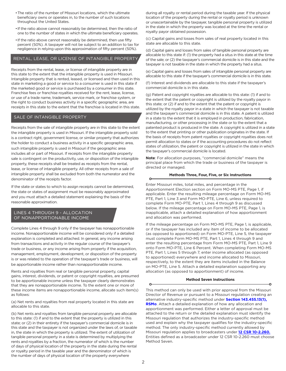 Form MO-MS PTE Pass-Through Entity Allocation and Apportionment of Income Schedule - Missouri, Page 3