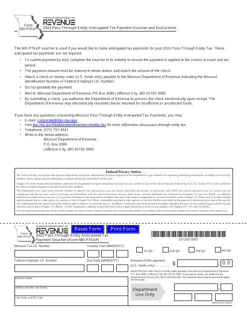 Form MO-PTEAP Pass-Through Entity Anticipated Tax Payment Voucher - Missouri, 2023