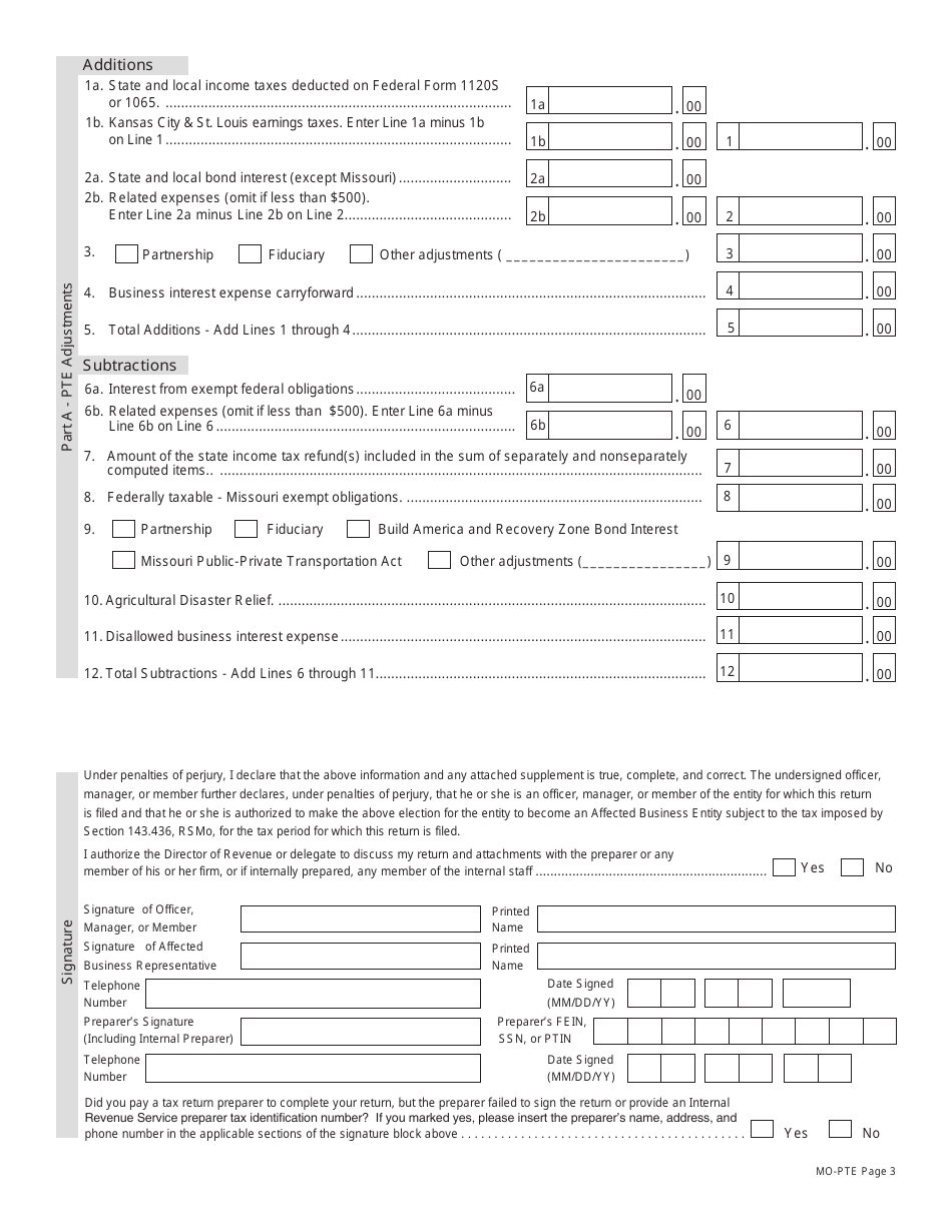 Form MO-PTE Pass-Through Entity Income Tax Return - Missouri, Page 3
