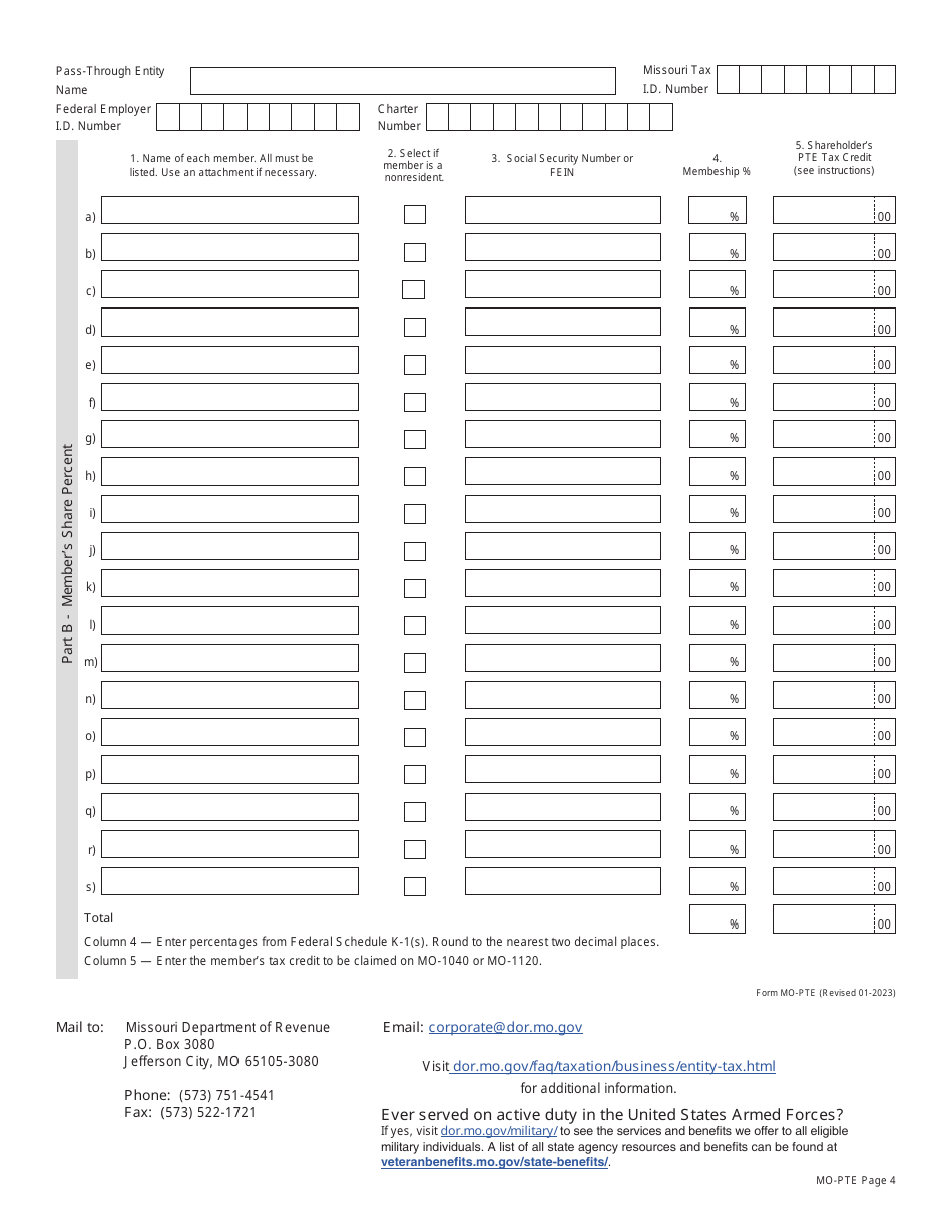 Form MO-PTE Pass-Through Entity Income Tax Return - Missouri, Page 4