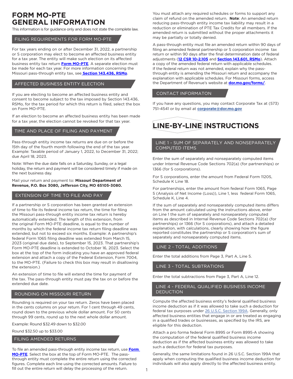 Instructions for Form MO-PTE Pass-Through Entity Income Tax Return - Missouri, Page 1