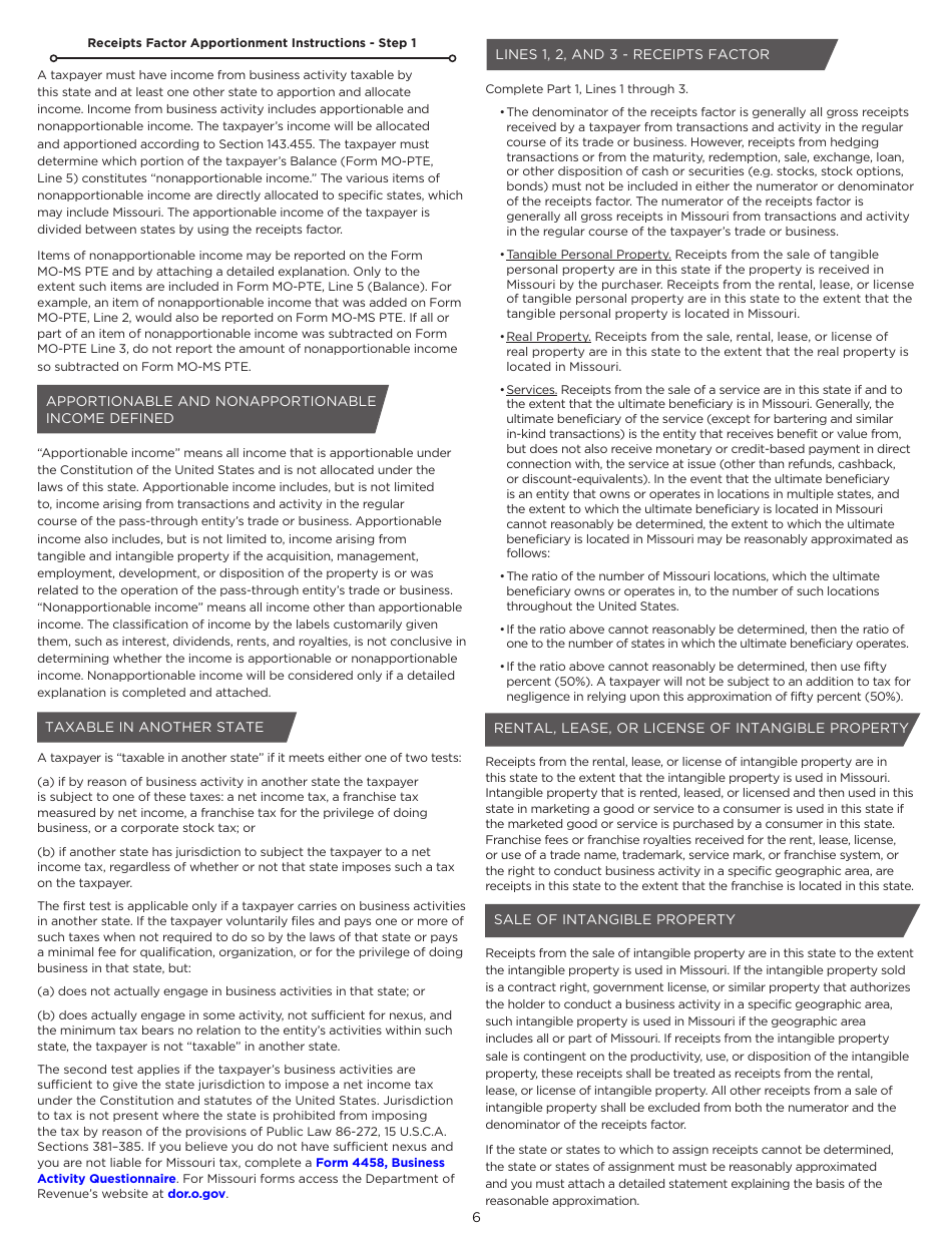 Instructions for Form MO-PTE Pass-Through Entity Income Tax Return - Missouri, Page 6