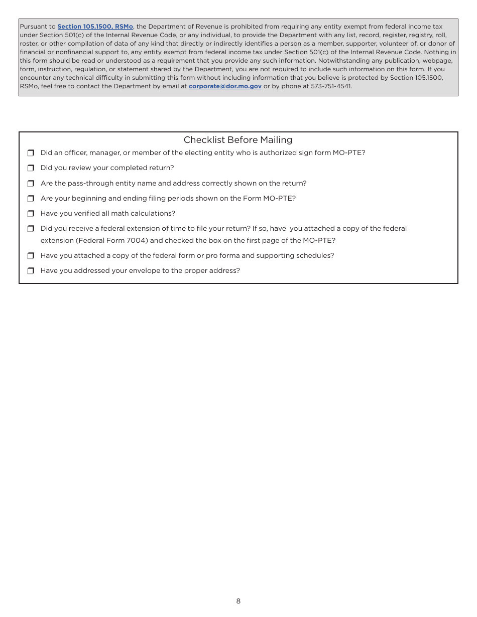 Instructions for Form MO-PTE Pass-Through Entity Income Tax Return - Missouri, Page 8