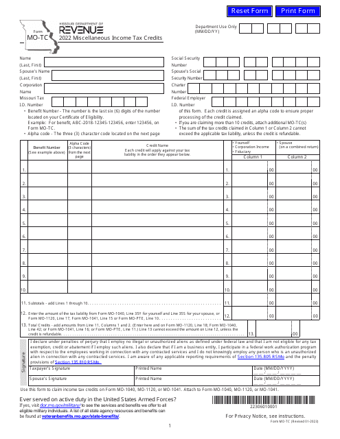 Form MO-TC 2022 Printable Pdf