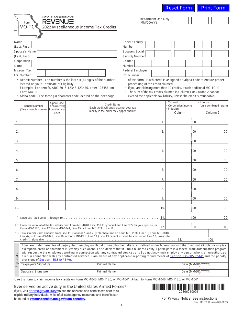 Form Mo Tc Download Fillable Pdf Or Fill Online Miscellaneous Income