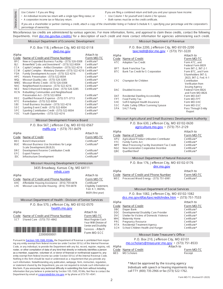 Form MO-TC Miscellaneous Income Tax Credits - Missouri, Page 2