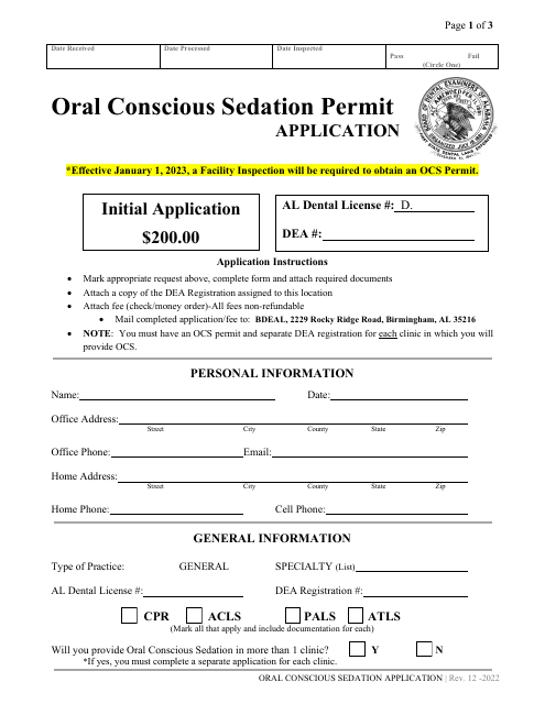 Oral Conscious Sedation Permit Application - Alabama Download Pdf