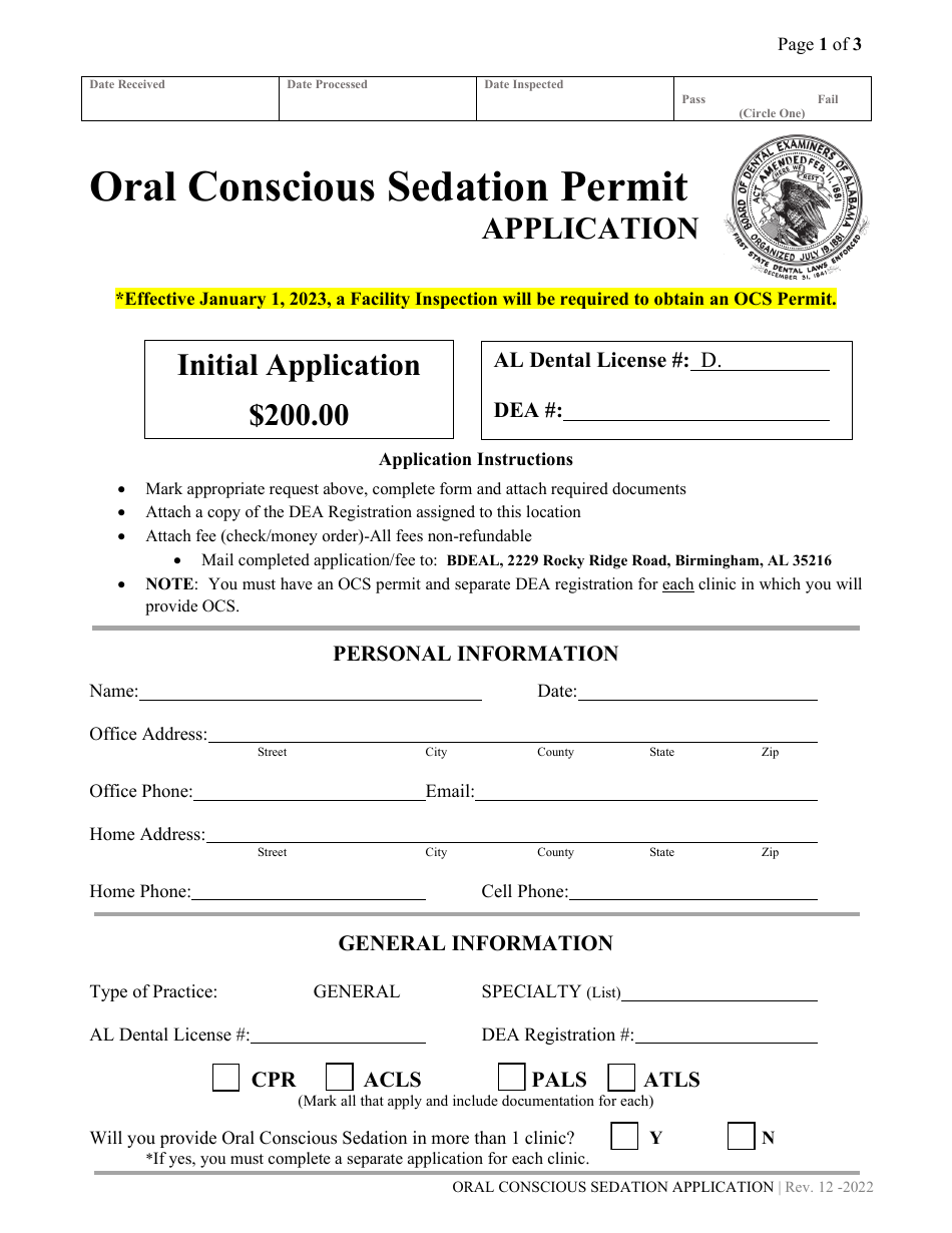Oral Conscious Sedation Permit Application - Alabama, Page 1