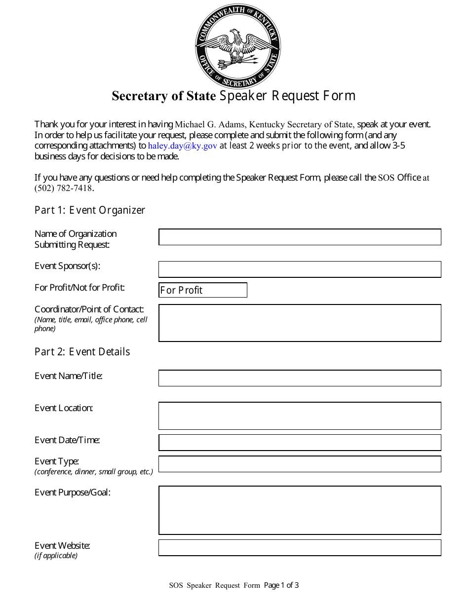 Secretary of State Speaker Request Form - Kentucky, Page 1